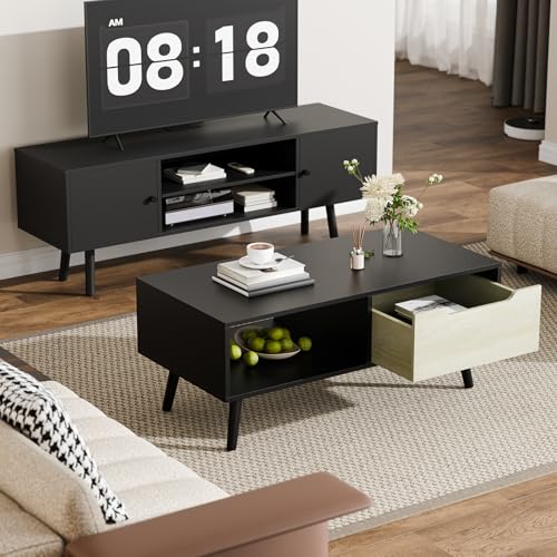 Cozy Castle Modern Coffee Table, Wooden Cocktail Table with Storage, Minimalist Hallway Table, Mid Century Modern Coffee Table for Living Room Apartment Reception, Black - color: Black