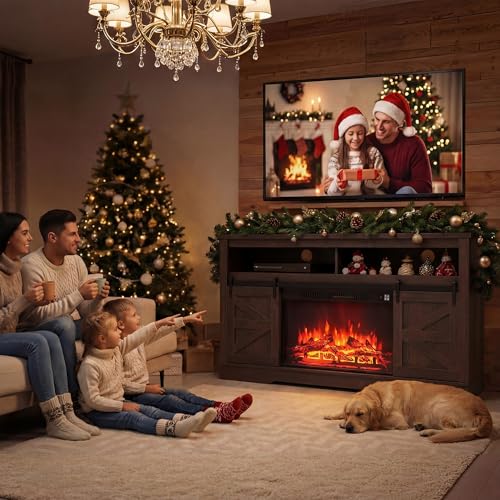 YESHOMY Fireplace TV Stand for Television up to 65+ Inch with Storage and Farmhouse Sliding Barn Doors, Entertainment Center with Cabinet and Shelves, Media Console for Living Room, Rustic Dark Brown - color: Rustic Dark Brown, style: Sliding Barn Doors F