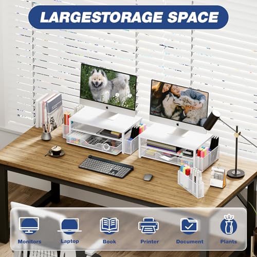 OPNICE Desk Organizers and Accessories, 2-Tier Computer Monitor Stand Riser with Drawer and 2 Pen Holders, Laptop Stand, Office Desk Accessories for Office Supplies, White - color: White 1-Pack