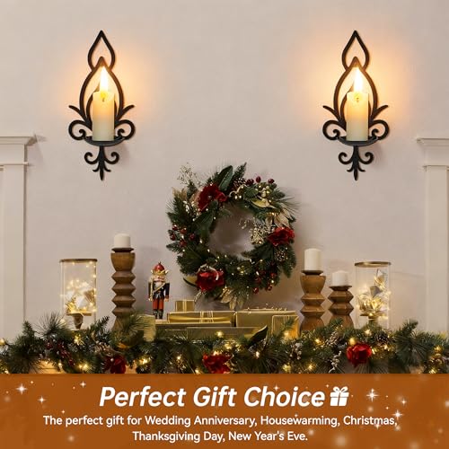Wall Candle Sconces Set of 2, Vintage Flower-Shaped Metal Candle Holders for Pillar, Tealight, and LED Candles, Rustic Decorative Wall Decor for Living Room Dining Room (Black) - color: Black Flower-shaped