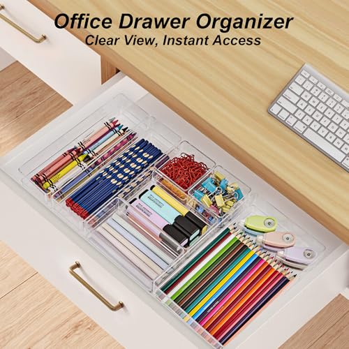 SMARTAKE 25-Piece Drawer Organizer with Non-Slip Silicone Pads, 4-Size Desk Drawer Organizer Trays Storage Tray for Makeup, Jewelries, Utensils in Bedroom Dresser, Office and Kitchen (Clear) - style: 25 PCS