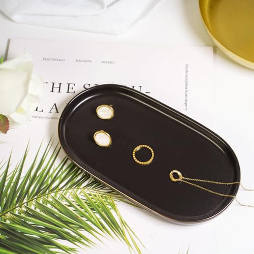 Ceramic Jewelry Dish, Perfume Vanity Tray, 7x4 Decorative Catch All Bowl for Trinket Key Ring, Small Bathroom Counter Tray, Soap Tray for Kitchen Sink (Black) - color: Black