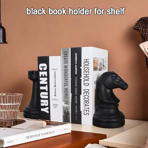 Chess Bookends Novelty Book Holders, Decorative Book Ends Modern Bookends Stoppers for Shelves, Black Heavy Duty Book Ends for Shelves Office Desk Decoration, Resin, 7" x 7"