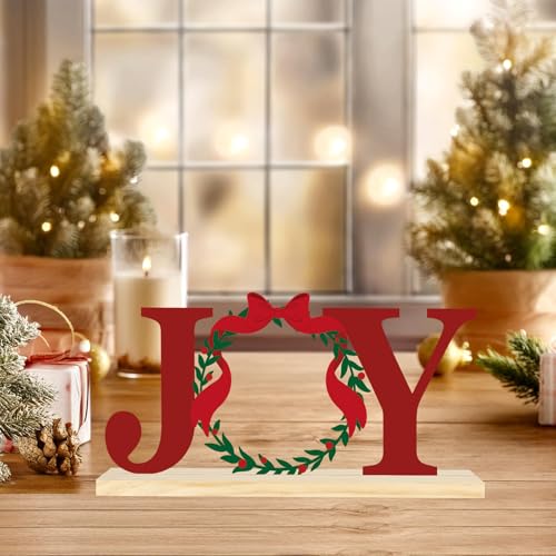 COCHIE Metal Merry Christmas Joy Sign, Christmas Wreath Table Centerpieces Decorations for Home, Office, Shelf, Mantel, Indoor, Xmas Red and Green Party Decor Supplies (XMAS B) - style: XMAS B