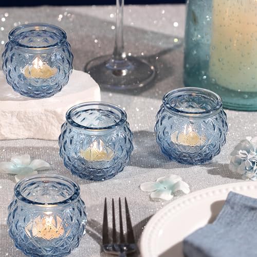 DARJEN 48Pcs Blue Round Candle Holders - Bulk Glass Candle Holders for Vintage Decoration, Tea Lights for Wedding Shower, Party & Gift - color: Blue, size: 48PCS