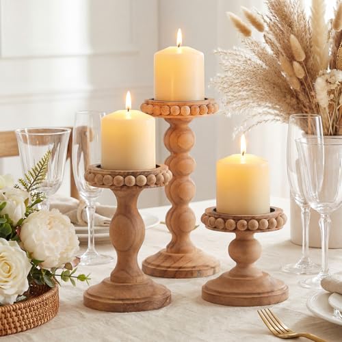 Mumufy 3 Pcs Candle Holders for Pillar Candles Rustic Farmhouse Home Decor Decorative Washed Beaded White Black Wood Candle Holder Country Style for Table Mantel Fireplace Wedding(Pine Brown,Small) - color: Pine Brown, size: Small