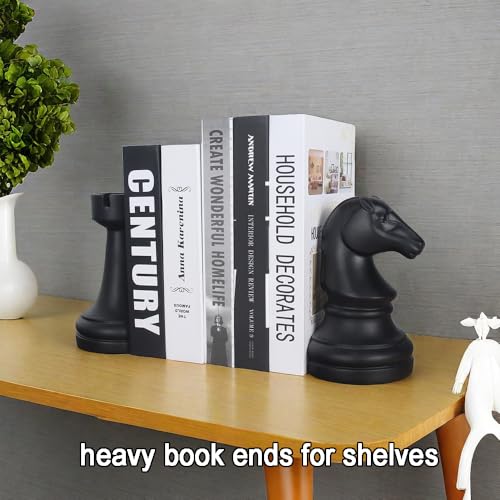 Chess Bookends Novelty Book Holders, Decorative Book Ends Modern Bookends Stoppers for Shelves, Black Heavy Duty Book Ends for Shelves Office Desk Decoration, Resin, 7" x 7"