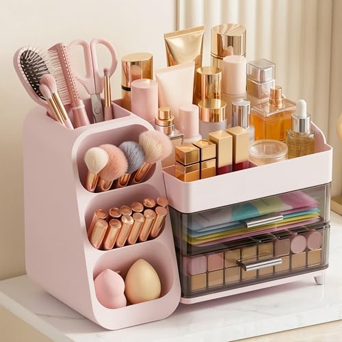 Large Capacity Makeup Organizer Countertop with Makeup Brush Holder for Vanity, Thickened Material, Bathroom Countertop Organizer Skin Care Perfumes Storage, Teen Girl Gifts for 12-23 Year（pink） - color: Pink