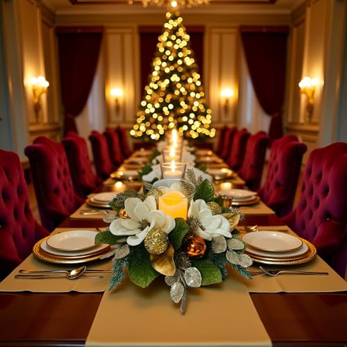 18" Centerpiece with Flameless LED Candle Holder, Design with White Artificial Magnolia, Gold Baubles & Spruce Branches for Holiday Decor (White) - color: White