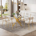 7 Piece Rectangular Glass Dining Table Set, 63'' Modern Kitchen Table Set Gold Base with 6 Luxury White Gold Boucle Dining Chairs, Dining Table and Chairs for Home, Apartment - color: Golden+white Gold Chairs, size: 63'' + 6 Chairs
