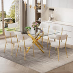 7 Piece Rectangular Glass Dining Table Set, 63'' Modern Kitchen Table Set Gold Base with 6 Luxury White Gold Boucle Dining Chairs, Dining Table and Chairs for Home, Apartment - color: Golden+white Gold Chairs, size: 63'' + 6 Chairs