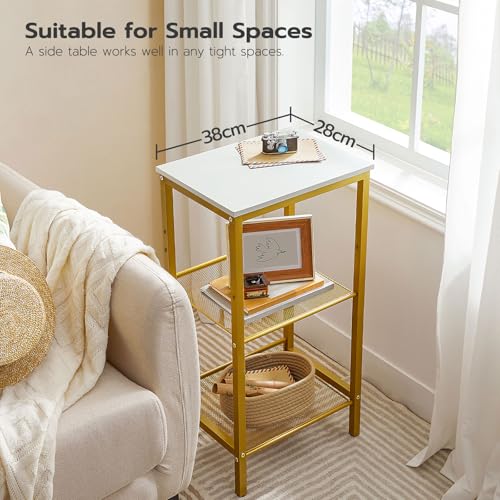 HOOBRO Tall Side Table, 3-Tier Telephone End Table with Adjustable Mesh Shelves, Small Entryway Table with Storage, Small Nightstand for Living Room, Bedroom, Hallway, White and Gold DW01DH01G1 - color: White + Gold