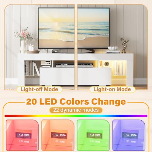 YESHOMY Modern LED TV Stand for Living Room with Glass Shelves and Drawer, Entertainment Center for Bedroom with Multiple Dynamic RGB Modes, for Living Room, Bedroom, 60 Inch, Milk White - color: Milk White