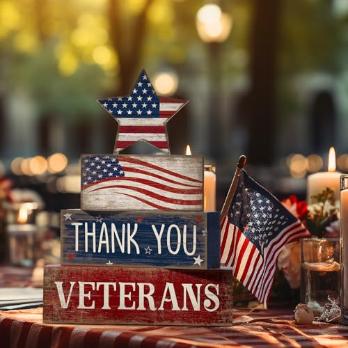 CroBlissful 4 Pcs Memorial Day Decorations Patriotic 4th of July Tabletop Decorations Red White Blue Table Centerpieces Star Sign for Office Tiered Tray Home Shelf 250th Anniversary - style: Star