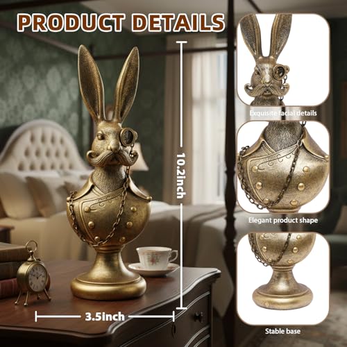 Vintage Animal Statue, Gold Resin Rabbit Bust Figurine with Glasses & Suit, Bunny Sculpture, Easter Decorations, Retro Office Desk Decor for Home Living Room, Creative Gift for Animal Lovers - color: Rabbit Bust