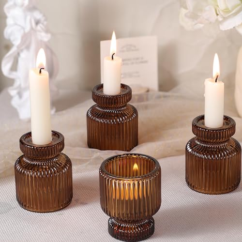 DARJEN 12 Pcs Glass Candlestick Holders- Amber Taper Candlestick Holders Tealight Votive Candle Holders for Table Centerpieces, Wedding, Dinner Party, Home Decor - color: Amber, size: 12Pcs