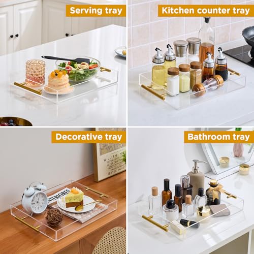 11"x14" Clear Acrylic Serving Tray with Golden Handles, Sturdy Huge Capacity Acrylic Tray for Coffee, Juice, Kitchen and Desk Organizer (11"x14") - size: 14" x 11" x 2"