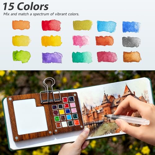 Mini Watercolor Paint Set,Portable Travel Watercolor Set,Pocket Watercolor Kit with Paint, Brush, Sketchbook & Metal Clip, Paint Water Cup and Crossbody Bag for Beginners, Painting Artists