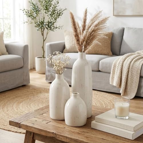 White Ceramic Vase Set of 3, Farmhouse Vases for Home Decor, Rustic Flower Vases for Living Room, Shelf, Kitchen, Mantel, Bedroom, Coffee Table, Office, Bathroom, Entryway Table Centerpiece Decor - color: White