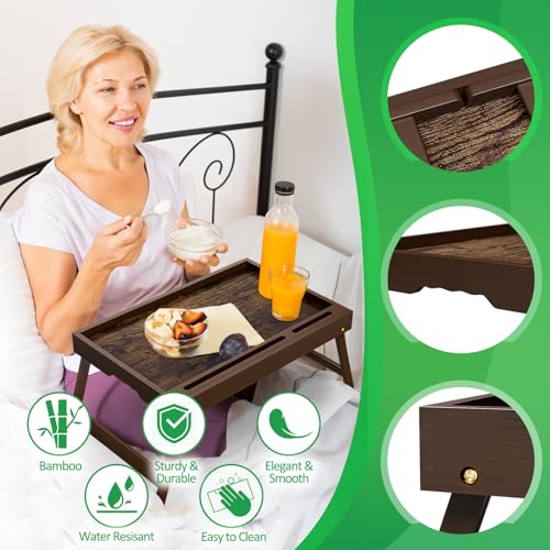 Bamboo Breakfast Tray with Foldable Legs & Detachable Stand | Ergonomic Handle | Portable Bed Tray for Eating, Working, Laptop, Tablet, and Phone（Vintage Walnut） - color: Normal, size: Medium