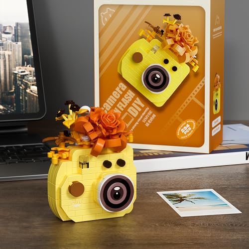 Sunny Yellow Camera Miniature Figurine - Adorable Floral Desktop Collectible - color: Orange