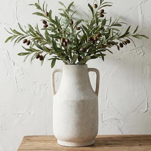 11 Inch Tall Ceramic Vase with Handles, Off-White Farmhouse Rustic Decor | Large Terracotta Style Table Vase for Living Room, Shelf & Fireplace Mantle | Decorative Pottery Centerpiece - color: Antique