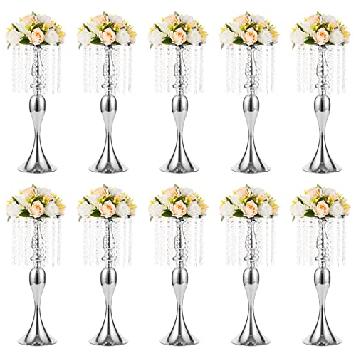10 Pcs 21.3 inches Tall Crystal Metal Vase Wedding Road Lead Flower Holders Centerpiece Crystal Flower Chandelier Metal Flower Vase for Reception Tables Wedding Supplies - color: Silver, size: 10 x L
