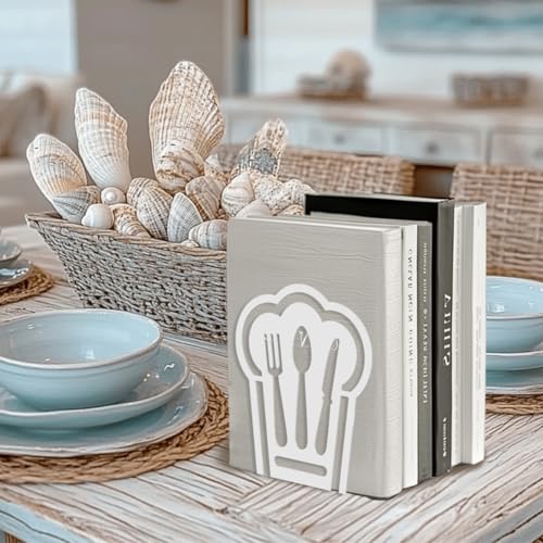 Peacoblue Metal Bookends for Shelves, Modern Decorative Heavy Duty Study Book Support Stoppers for Office, Desk, Shelf, Room 5.3"x4.3"x6.1" Cast Iron Simple White Book Ends, 1 Pair (Chef Hat) - style: Chef Hat