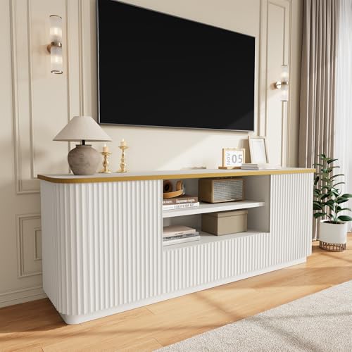 QUW 70" Fluted TV Stand for TVs Up to 80", Modern Entertainment Center with 2 Drawers & Cabinets, TV Console with Curved Profile Design, Luxury Wooden Media Console for Living Room, White - color: White