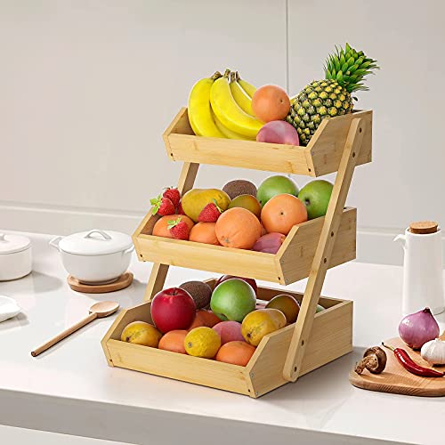 Merysen Large 3 Tier Bamboo Fruit Basket Stand for Kitchen Countertop – Fruit Holder – Suitable for Bread, Vegetables, Produce, Home Storage and Display - size: 3 Tier