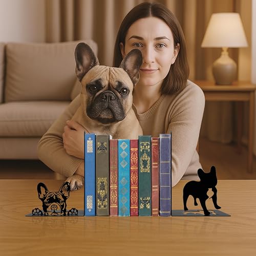 French Bulldog Theme Bookends Decor – Dog Gifts with Black Modern Bookends, Decorative Bookends for Shelves – Unique Book Stopper for Shelves (French Bulldog) - color: French Bulldog