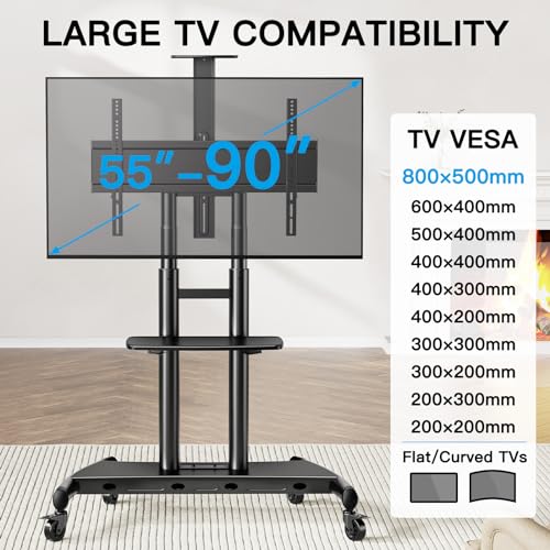 PERLESMITH Mobile TV Stand for 55-90 Inch Flat/Curved Screen TV Max VESA 800x500mm Outdoor TV Cart with Height Adjustable AV Shelf- UL Certificated Rolling Floor TV Stand Holds up to 200Lbs (PSTVMC07) - size: 55-90 Inch