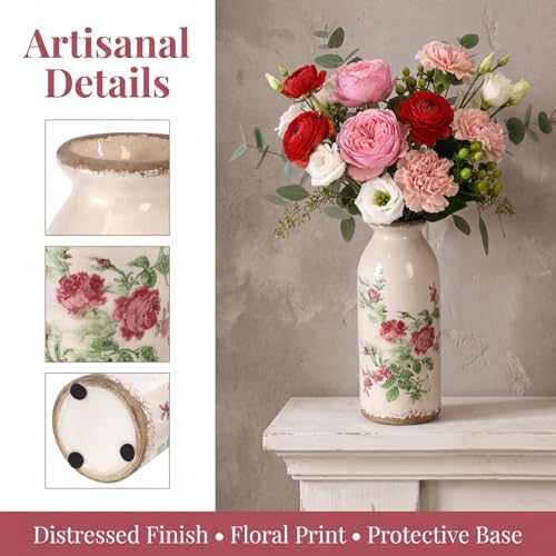 Covzoe Set of 2 Vintage Small Ceramic Vase, Retro Rose Floral Decorative Vases for Table Centerpiece, Mini Bud Vase Art Decor for Home Bedroom, Living Room Office Bathroom, 2 Size