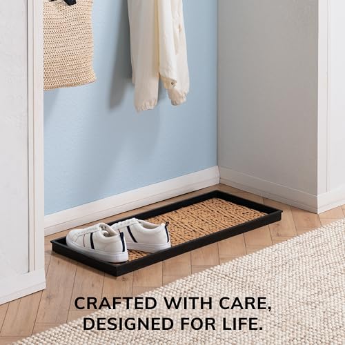 Anji Mountain Heavy Duty Waterproof Rubber Shoe Storage Mat Organizer/Boot Storage Tray Multi Use For Entryway with Coir, Tan and Black Insert , Fits 3 Pair (34.5" Wide) - color: Tan and Black, size: 34" x 14" x 1.5"