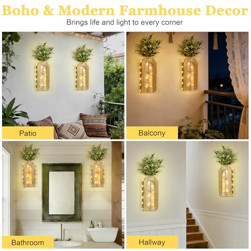 HOMECOR Hanging Wooden Vase Wall Decor - Brown Finish Boho & Modern Farmhouse Decor with Fairy Lights & Artificial Plants, Wall Art for Living Room, Bedroom, Bathroom Home Decor - style: Eucalyptus - Wall Decor