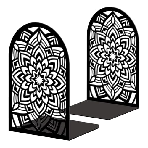 Peacoblue Metal Bookends for Shelves, Modern Decorative Heavy Duty Study Book Ends Stoppers for Office, Desk, Shelf, Room 5.3"x4.3"x7.9" Cast Iron Simple Tall Bookends 1 Pair (Mandala Pattern) - style: Mandala Pattern