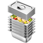 Hotel Pan with Lids 6 Pack 1/4 Size 4" Deep Stainless Steel Steam Table Pan, Commercial Food Pans for Catering Buffet Chafing Dish Pans Metal Steam Tray (1/4 Size x 4 Inch Deep, 6 Pack) - color: 1/4 Size, size: 4" Deep