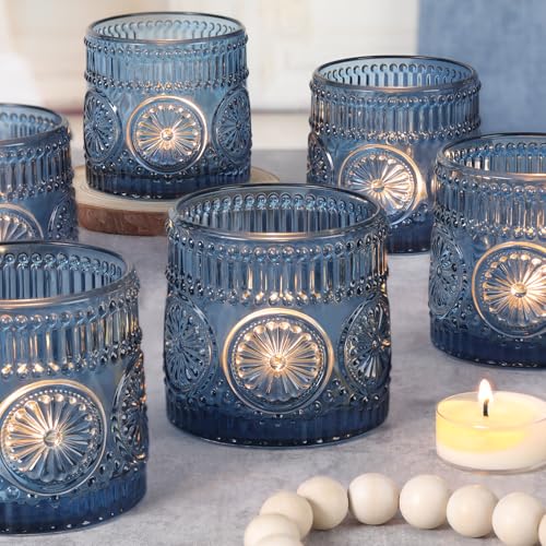 6Pcs Large Votive Candle Holders Blue Glass Tealight Candle Holders for Wedding, Table Centerpiece, Party, Birthday, Home Decor - color: Blue