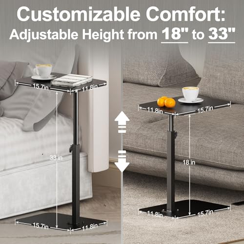 HzTinT Side Table Sofa Tray for Couch Heavy Metal Base Swivel/Adjustable Height, Sofa Bed Bathroom Study TV Tray C Shaped End Table Food Snack Trays for Eating - color: Black, size: 11.8*15.7 in