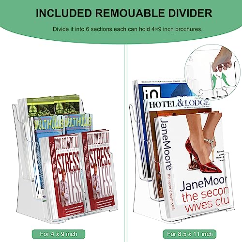 zavekia 3 Tier Acrylic Brochure Holder 8.5 x 11 inch, Clear Literature Organizer Magazine Stand with Removable Divider for 4 x 9 inch Brochures,Magazine Holder,Flyer Holder