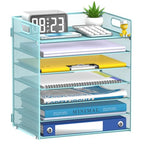 7 Tier Paper Organizer - Mesh Desktop File Holder with Handles for Office School Desk, Black (Blue) - color: Blue