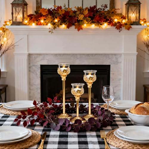 Set of 3 Metal Tea Light Candle Holder with 3 Glass Cups, 12/10/8 Inch Elegant Tealight Candelabra Centerpiece for Wedding Table Decor, Tiered Home Party Decoration (3, Gold) - color: Gold