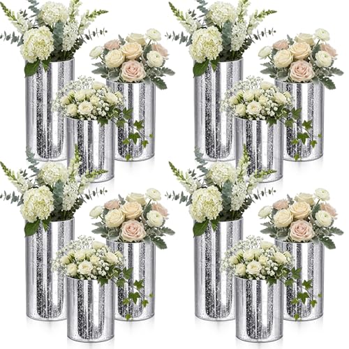 12 Pcs Silver Cylinder Vases for Centerpieces Mercury Vase Hurricane Vase Bulk Acrylic Round Wide Container for Flowers Home Office Wedding Table Decorations (4''/6''/8'') - color: Silver, size: 4''/6''/8''
