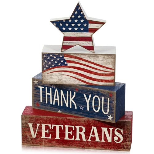 CroBlissful 4 Pcs Memorial Day Decorations Patriotic 4th of July Tabletop Decorations Red White Blue Table Centerpieces Star Sign for Office Tiered Tray Home Shelf 250th Anniversary - style: Star