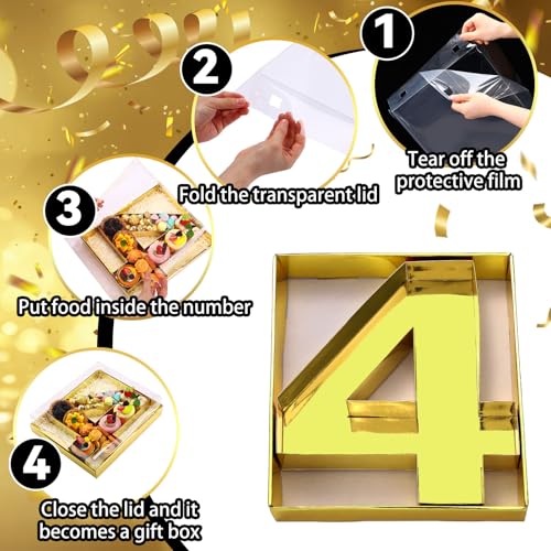 SiliFine 12" Charcuterie Number Shaped Mache with Clear Lid Fillable Sweets Serving Trays Paper Mache Cupcake Candy Box for 2025 Graduation Party Graduation Celebration(Gold,Number 4) - color: Gold, style: Number 4