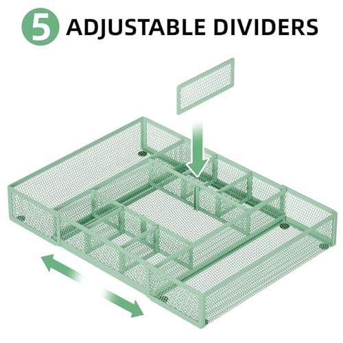 Marbrasse Expandable Desk Drawer Organizer, Mesh Drawer Organizer Tray with 10 Adjustable Compartments, Desk Organizers and Accessories for Office Supplies, Makeup & Vanity (Expandable-Green) - color: Expandable-Green