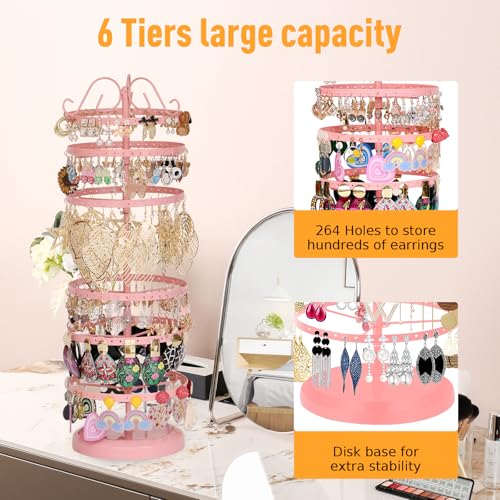 17Dec 6 Tier Rotating Jewelry Organizer Stand, 230 Holes Earring Holder Organizer for Women Girls, Spinning Earring Tree with Ring Holder, Wide Base for Bracelets Watches Lipstick - color: 6-Tier Earring Tower,Pink