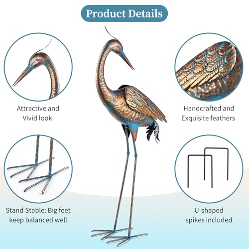 chisheen Garden Crane Statues Blue Heron Metal Yard Art Outdoor Decoration,Large Sculptures for Lawn Patio Porch,39-44 inch,Set of 2