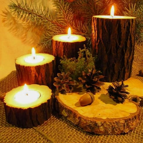 FUNSUEI 18 PCS Wooden Tea Light Candle Holders, Rustic Wood Votive Log Candle Holders, Rustic Wood Votive Candle Holder for Table Decoration, 3 Sizes