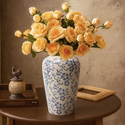 BEAHOT 8.6 Inch Chinoiserie Ceramic Vase – Blue and White Tall Vintage Flower Vase, Large Retro Chinoiserie Cracked Porcelain Decor for Living Room Centerpieces, Bookshelf, Grand Millennial Decor - color: White-blue